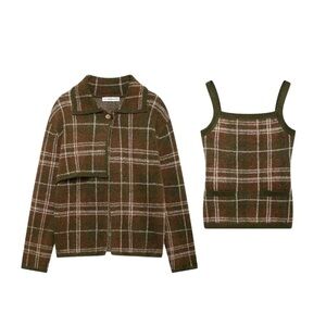 Zara Olive Green Plaid Knit Jacket Set